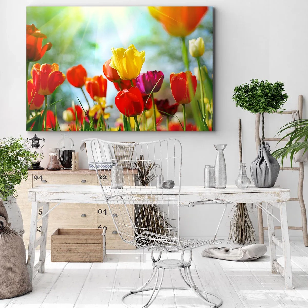 Cuadro sobre lienzo - Impresión de Imagen - Tulipanes coloridos bajo el sol - 120x80cm - Todos los tonos del sol - Decoración de pared moderna para salón y dormitorio ARTTOR