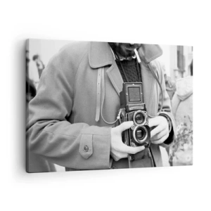 Cuadro sobre lienzo - Impresión de Imagen - Fotografía en blanco y negro de un hombre con una cámara retro. - 70x50cm - En estilo retro - Decoración de pared moderna para salón y dormitorio ARTTOR