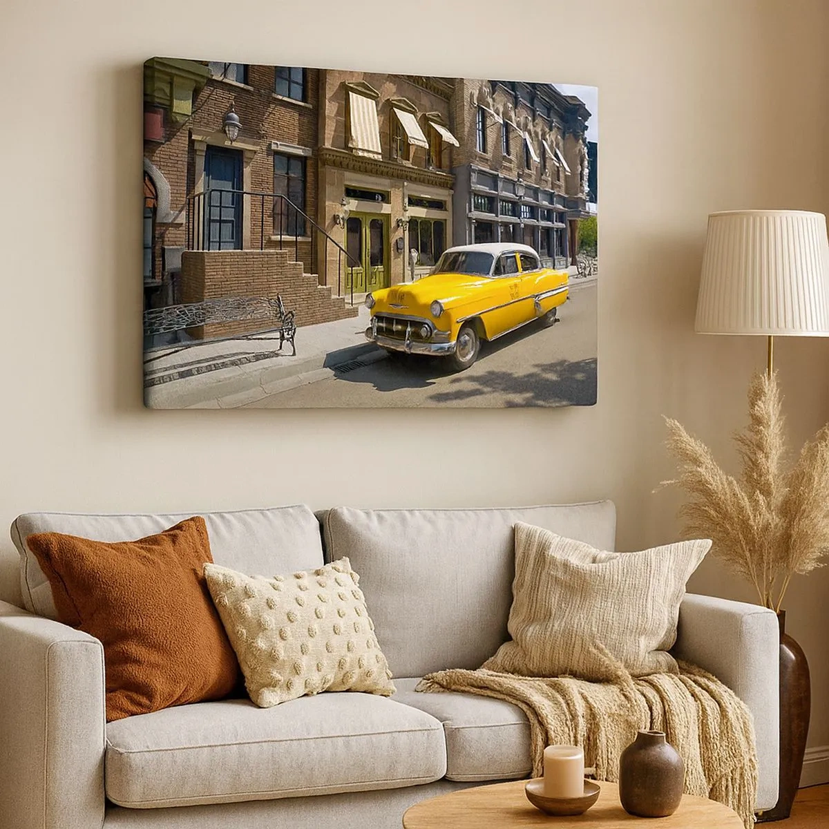 Cuadro sobre lienzo - Impresión de Imagen - Un taxi amarillo en una calle bordeada de casas de vecindad. - 70x50cm - Érase una vez en América - Decoración de pared moderna para salón y dormitorio ARTTOR
