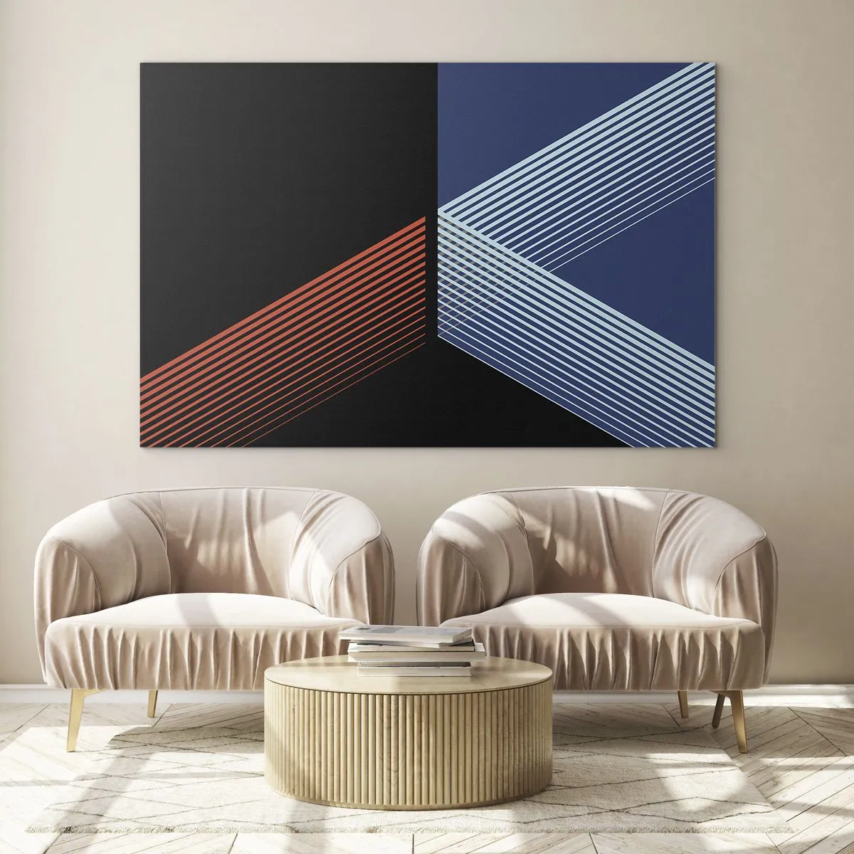 Cuadro sobre vidrio - Impresiones sobre Vidrio - Una composición geométrica moderna con líneas y contraste de colores. - 120x80cm - La rectitud - Decoración de pared moderna para salón y dormitorio ARTTOR