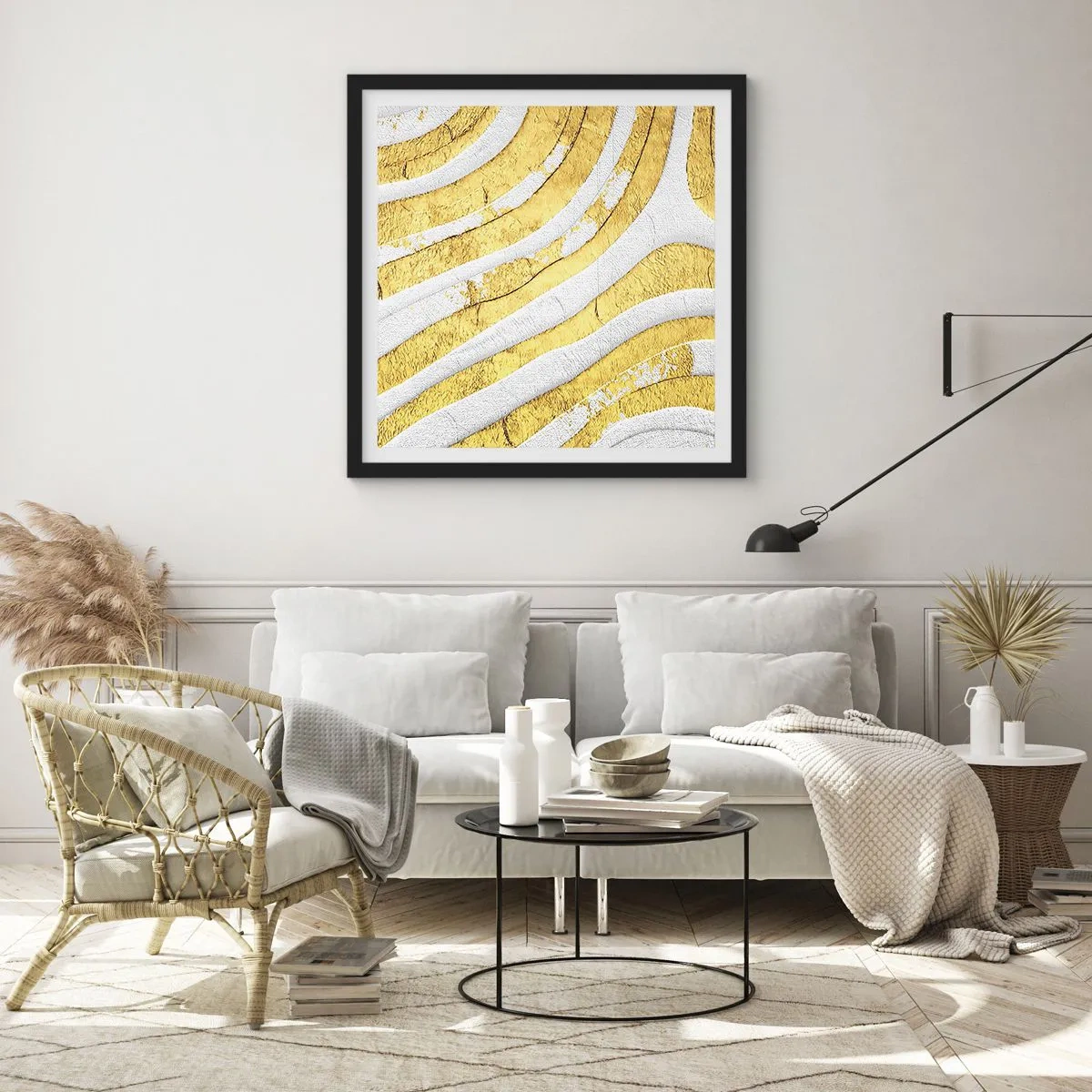 Póster en marco negro - Una composición en blanco y oro - 30x30 cm