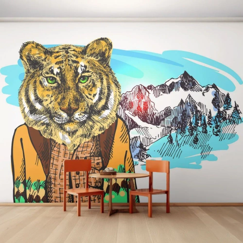 Fotomural Premium Sand - Un tigre en invierno contra un paisaje de montaña. - 100x70cm - No es tan salvaje como dicen - Decoración de pared moderna para salón y dormitorio ARTTOR