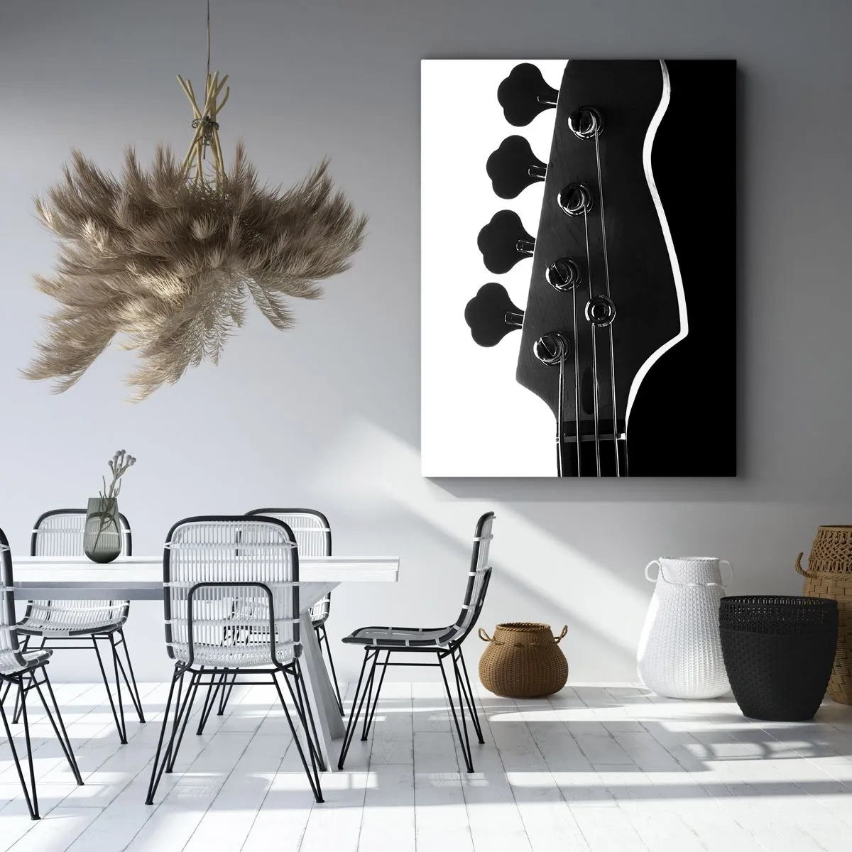 Cuadro sobre lienzo - Impresión de Imagen - Silueta en blanco y negro del clavijero de un bajo - 50x70cm - Silencio musical - Decoración de pared moderna para salón y dormitorio ARTTOR