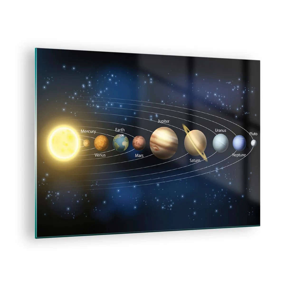 Cuadro sobre vidrio - Impresiones sobre Vidrio - El sistema solar con planetas y estrellas al fondo. - 70x50cm - Uno de diez - Decoración de pared moderna para salón y dormitorio ARTTOR