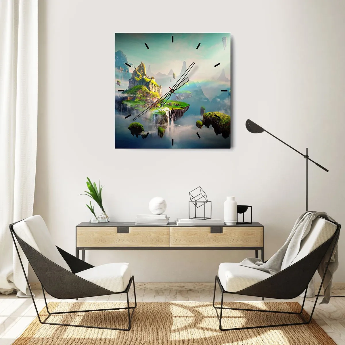 Reloj de pared - Reloj de vidrio - Islas voladoras entre las nubes con un arcoíris en el horizonte. - 30x30cm - El medio de la nada - islas flotantes - Decoración de pared moderna para salón y dormitorio ARTTOR