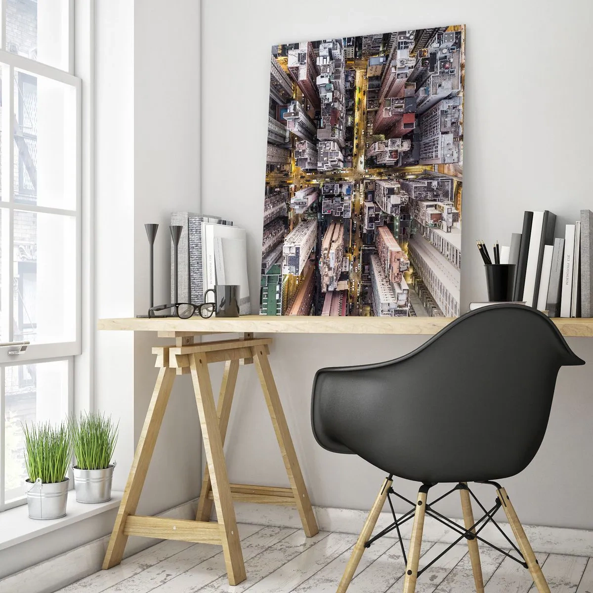 Cuadro sobre vidrio - Impresiones sobre Vidrio - Una vista de pájaro de una ciudad llena de rascacielos. - 70x100cm - Saludos desde Hong Kong - Decoración de pared moderna para salón y dormitorio ARTTOR