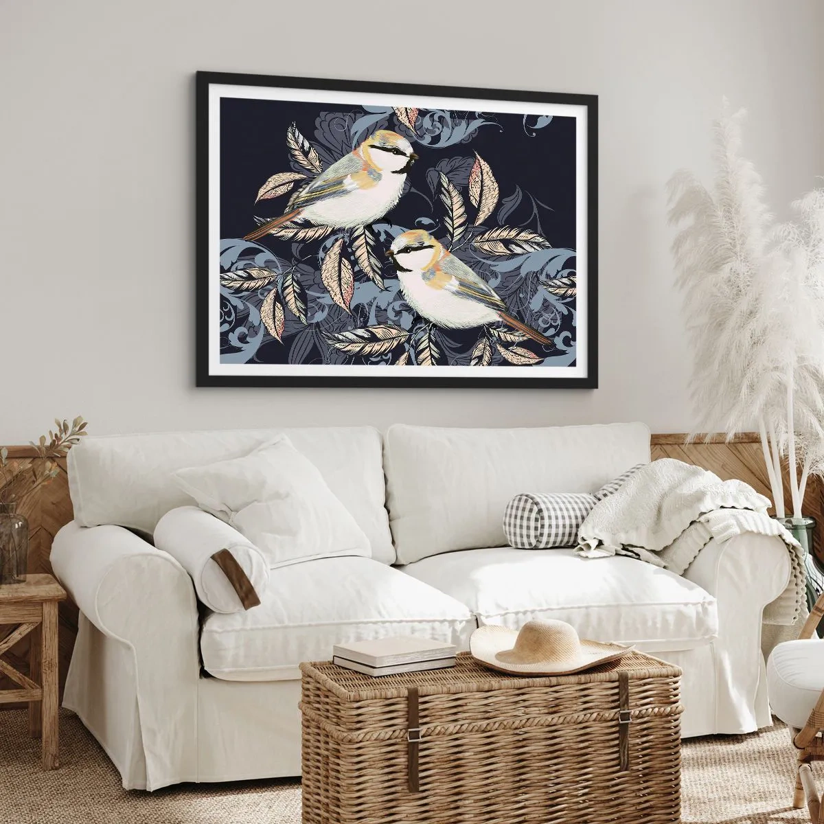 Póster en marco negro - Pájaros en ramas sobre un fondo ornamental. - 70x50cm - En la copa del árbol - Decoración de pared moderna para salón y dormitorio ARTTOR