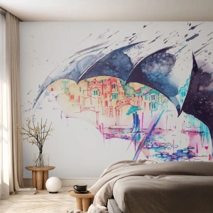 Fotomural Premium Canvas - Una ciudad colorida escondida bajo paraguas abstractos - 100x70cm - Caminando bajo la lluvia - Decoración de pared moderna para salón y dormitorio ARTTOR
