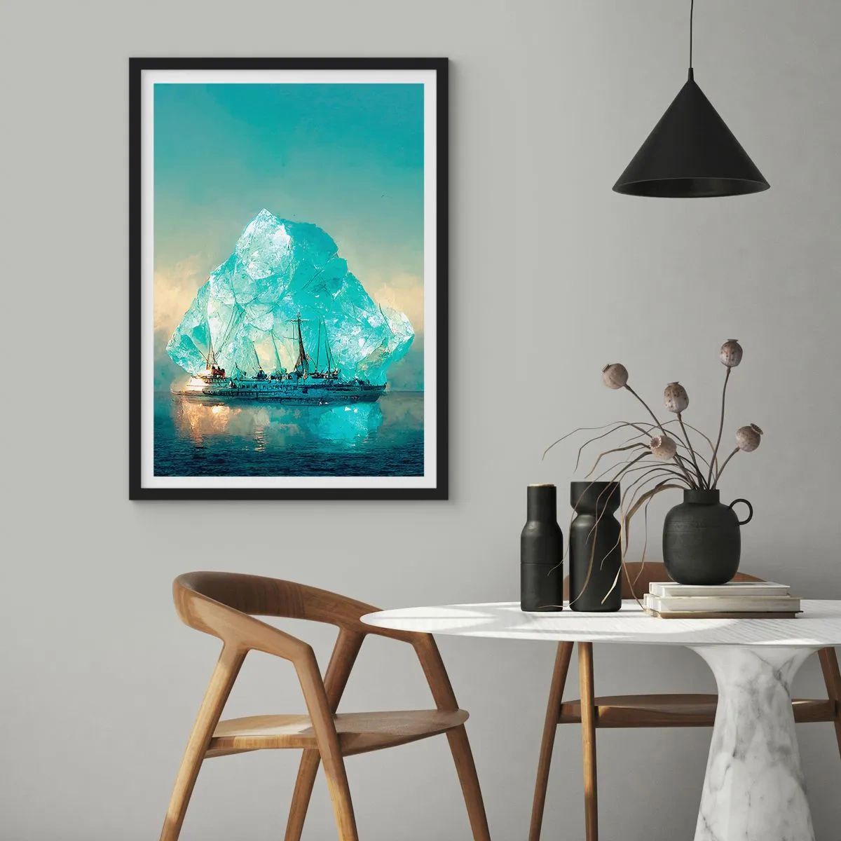 Póster en marco negro - Un barco cerca de un iceberg gigante - 50x70cm - Diamante ártico - Decoración de pared moderna para salón y dormitorio ARTTOR