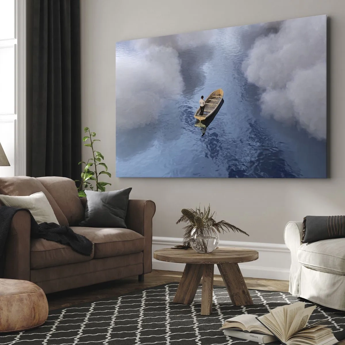 Cuadro sobre lienzo - Impresión de Imagen - Un hombre en un barco en un mar tranquilo rodeado de nubes. - 120x80cm - La vida - el viaje - lo desconocido - Decoración de pared moderna para salón y dormitorio ARTTOR