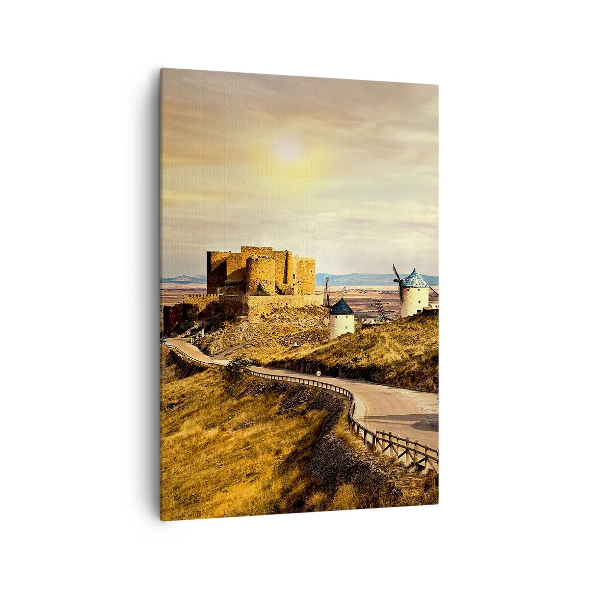 Cuadro sobre lienzo - Impresión de Imagen - Molinos de viento en las colinas con un castillo histórico al fondo - 70x100cm - Don Quijote los vio - Decoración de pared moderna para salón y dormitorio ARTTOR