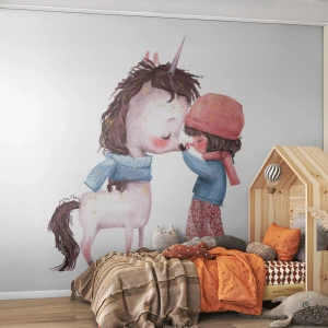 Fotomural Premium Sand - Una niña y un unicornio con ropa abrigada en una ilustración de cuento de hadas. - 100x70cm - Un cuento de invierno - Decoración de pared moderna para salón y dormitorio ARTTOR