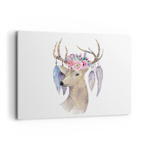 Cuadro sobre lienzo - Impresión de Imagen - Gráfico romántico de ciervo con flores y plumas. - 100x70cm - Guía del alma - gentil, inocente - Decoración de pared moderna para salón y dormitorio ARTTOR