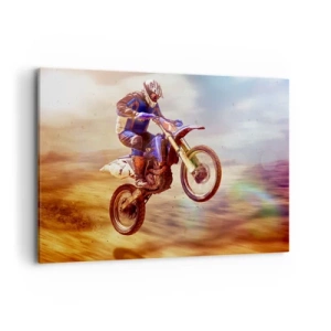 Cuadro sobre lienzo - Impresión de Imagen - Un motociclista en vuelo durante un dinámico recorrido todoterreno. - 120x80cm - Vértigo sobre dos ruedas - Decoración de pared moderna para salón y dormitorio ARTTOR