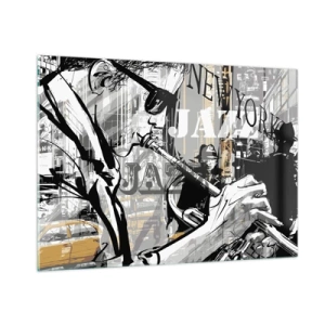 Cuadro sobre vidrio - Impresiones sobre Vidrio - Un elegante dibujo de un músico de jazz tocando la trompeta en un entorno de Nueva York. - 100x70cm - Al ritmo de Nueva York - Decoración de pared moderna para salón y dormitorio ARTTOR