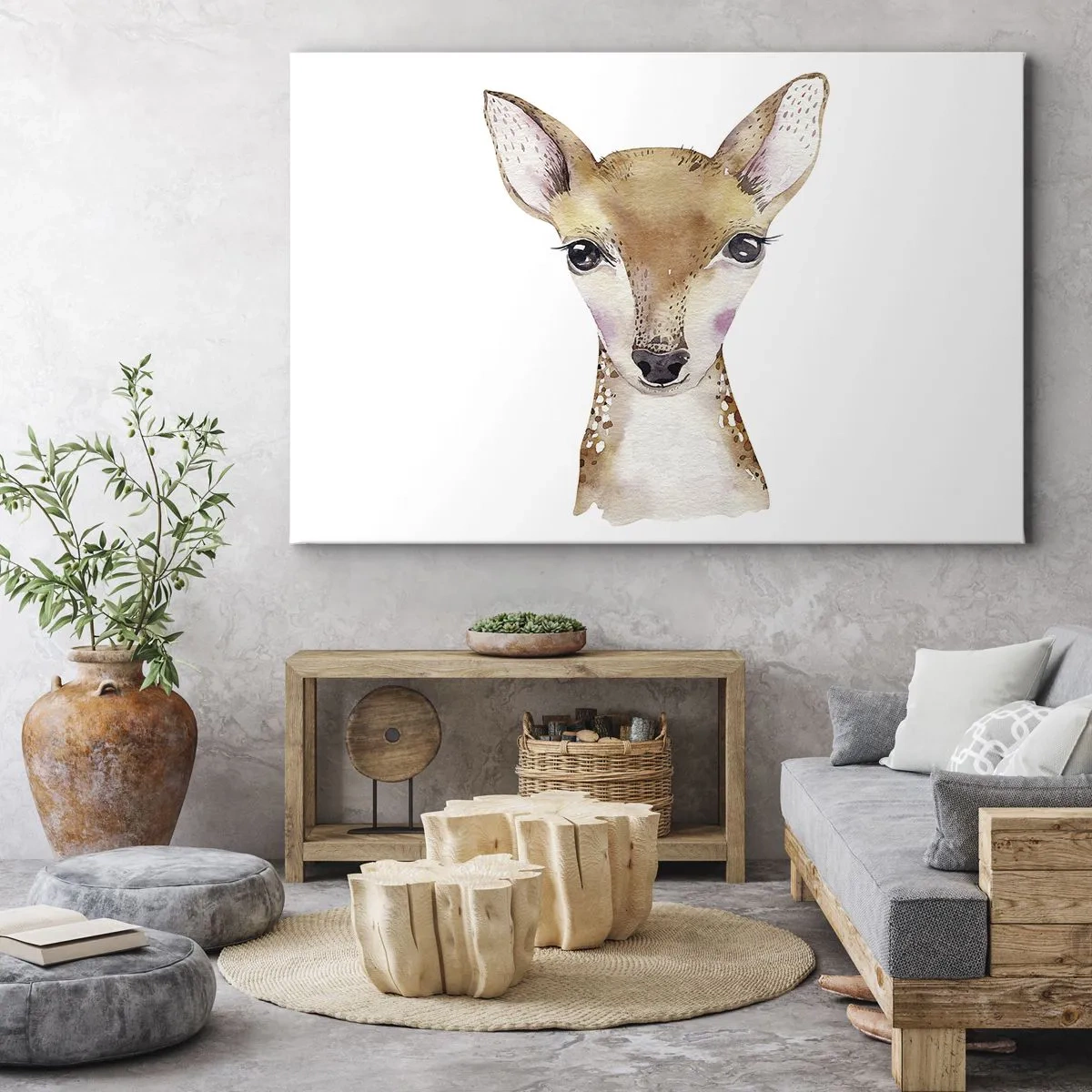 Cuadro sobre lienzo - Impresión de Imagen - Retrato en acuarela de un corzo joven sobre un fondo blanco - 120x80cm - La naturaleza de la inocencia - Decoración de pared moderna para salón y dormitorio ARTTOR