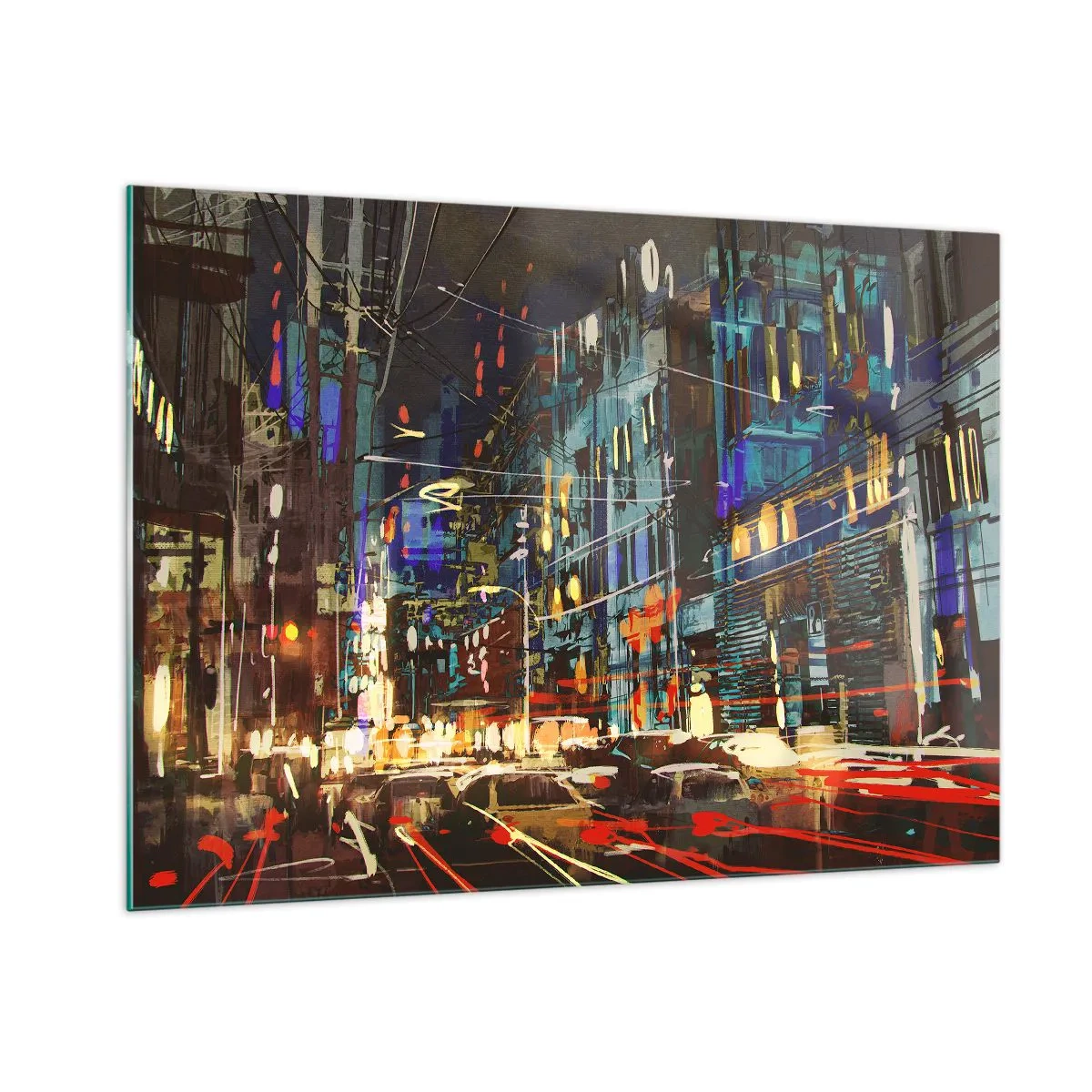 Cuadro sobre vidrio - Impresiones sobre Vidrio - Calle de la ciudad al atardecer con luces de neón y tráfico. - 100x70cm - El bullicio nocturno de la calle - Decoración de pared moderna para salón y dormitorio ARTTOR