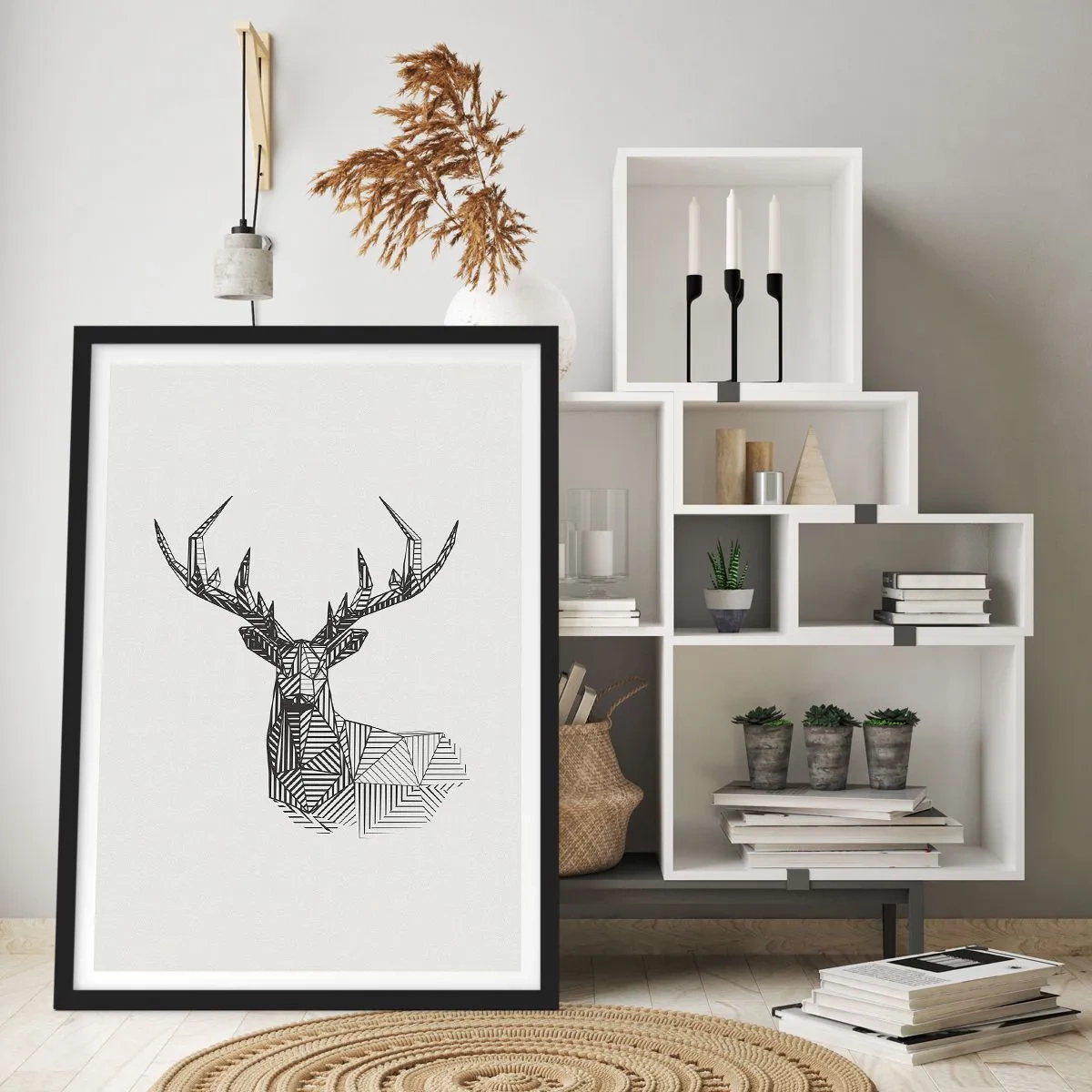 Póster en marco negro - Silueta geométrica de un ciervo en estilo blanco y negro. - 50x70cm - Ciervo en estilo cubista - Decoración de pared moderna para salón y dormitorio ARTTOR