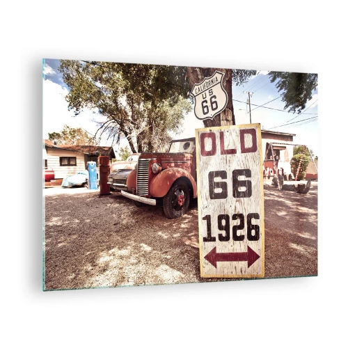 Cuadro sobre vidrio - Impresiones sobre Vidrio - Letrero antiguo y retro de la Ruta 66 - 70x50cm - Una leyenda de la América profunda - Decoración de pared moderna para salón y dormitorio ARTTOR