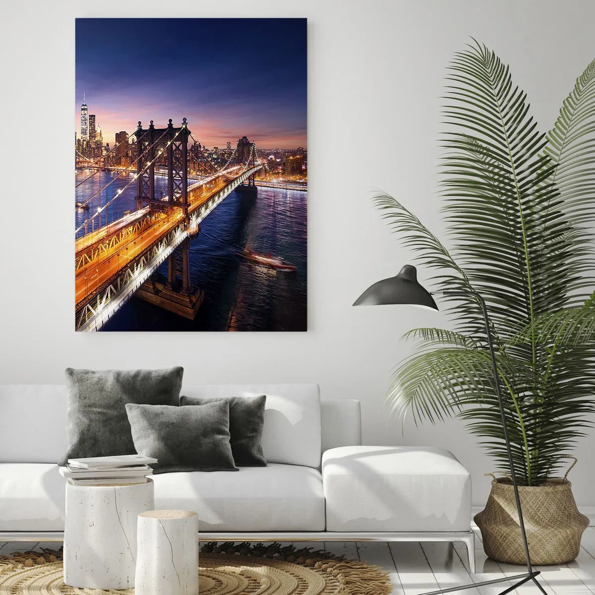 Cuadro sobre vidrio - Impresiones sobre Vidrio - El puente y el panorama de la ciudad al atardecer. - 80x120cm - Un puente luminoso hacia el corazón de la ciudad - Decoración de pared moderna para salón y dormitorio ARTTOR