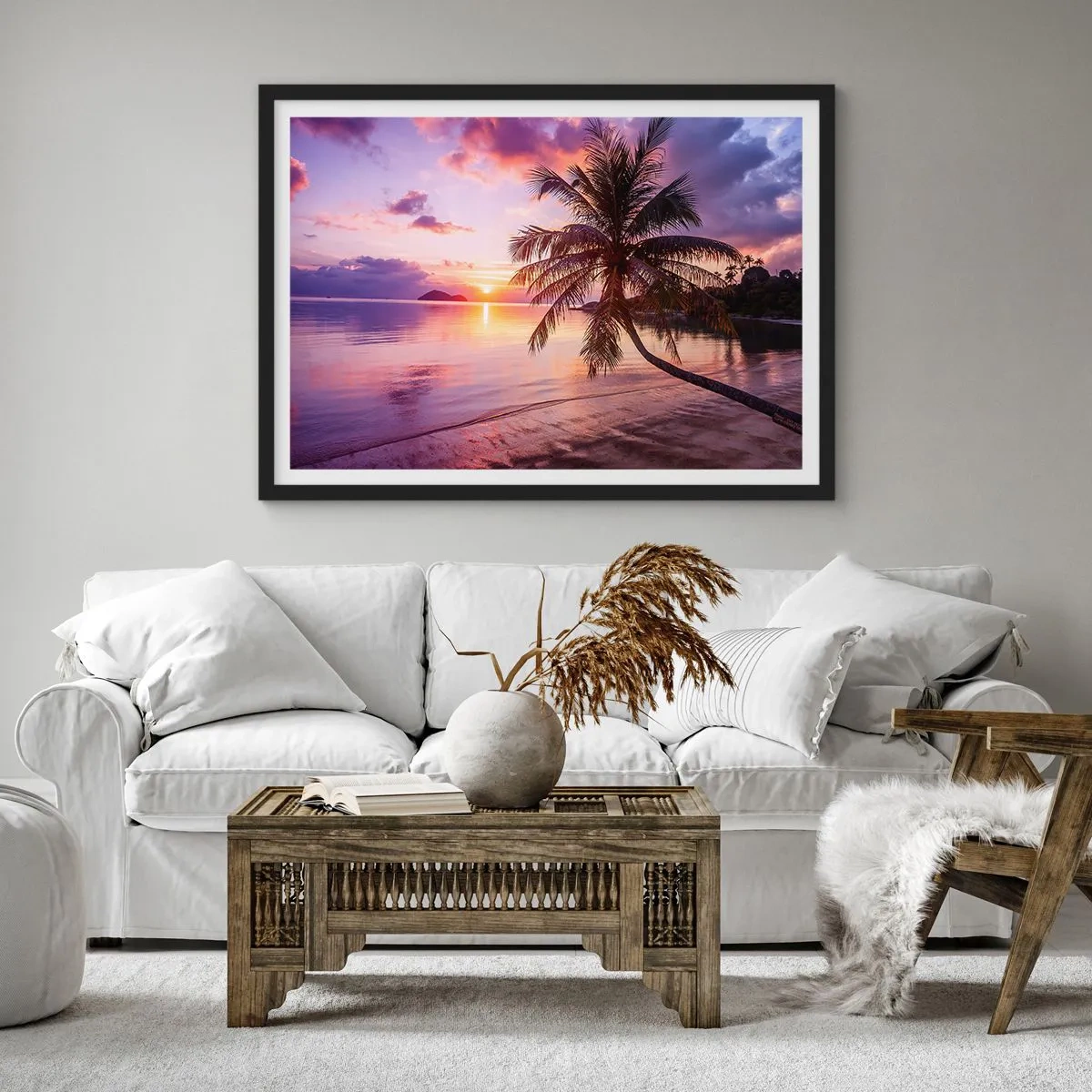 Póster en marco negro - Playa tropical con palmeras al atardecer - 70x50cm - Hermosura hasta el horizonte - Decoración de pared moderna para salón y dormitorio ARTTOR