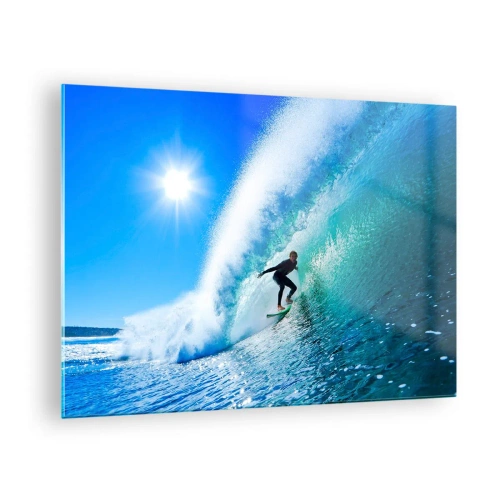 Cuadro sobre vidrio - Impresiones sobre Vidrio - Surfista en una ola en un día soleado - 70x50cm - A través de la gran ola - Decoración de pared moderna para salón y dormitorio ARTTOR