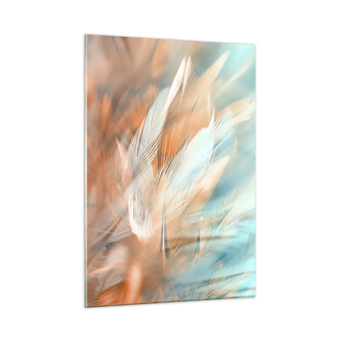 Cuadro sobre vidrio - Impresiones sobre Vidrio - Delicadas plumas en tonos pastel turquesa y melocotón. - 50x70cm - En la tierra de la suavidad - Decoración de pared moderna para salón y dormitorio ARTTOR