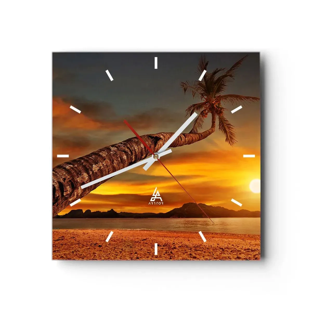 Reloj de pared - Reloj de vidrio - Palmera en la playa al atardecer con vistas al mar - 30x30cm - Vacaciones exóticas, aventura en el Caribe - Decoración de pared moderna para salón y dormitorio ARTTOR