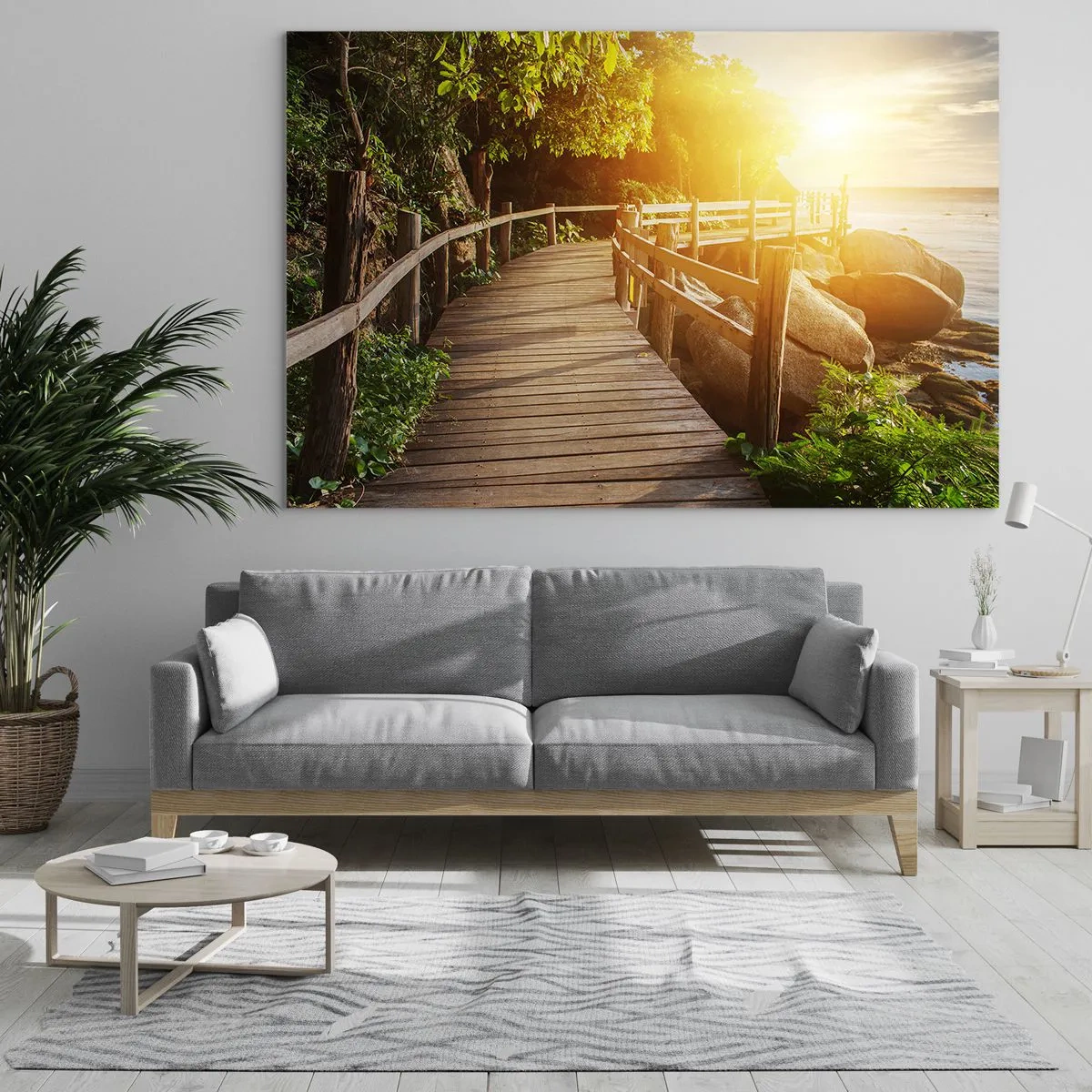 Cuadro sobre vidrio - Impresiones sobre Vidrio - Un camino de madera entre los árboles junto al mar a la luz del atardecer. - 70x50cm - Otra curva, otra maravilla - Decoración de pared moderna para salón y dormitorio ARTTOR