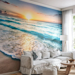 Fotomural Premium Sand - Orilla del mar al amanecer con suaves olas - 100x70cm - Un espectáculo digno de ver - Decoración de pared moderna para salón y dormitorio ARTTOR