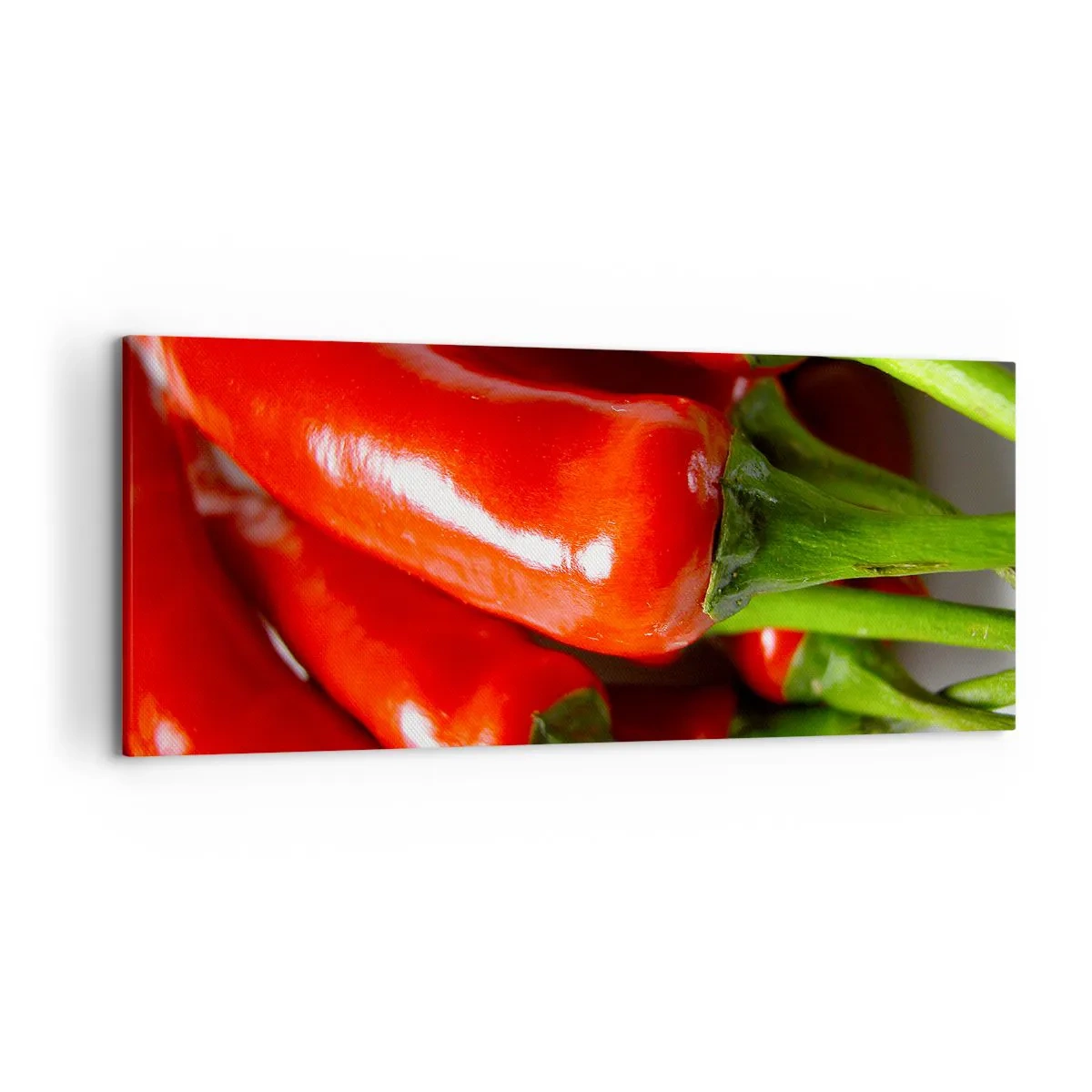 Cuadro sobre lienzo - Impresión de Imagen - Primer plano de chiles rojos con tallos verdes - 120x50cm - Jugoso, brillante, suave - Decoración de pared moderna para salón y dormitorio ARTTOR