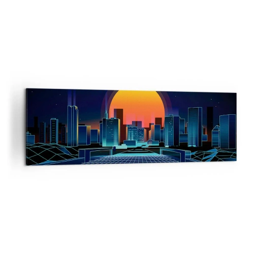 Cuadro sobre lienzo - Impresión de Imagen - Horizonte urbano futurista de estilo neón - 160x50cm - ¿Todavía deseas volver a la realidad? - Decoración de pared moderna para salón y dormitorio ARTTOR