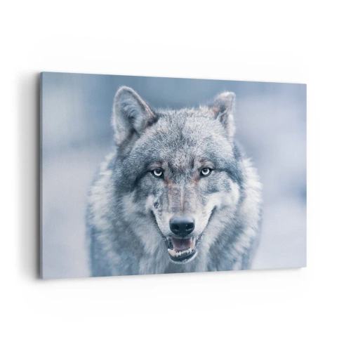 Cuadro sobre lienzo - Impresión de Imagen - Un lobo con una mirada intensa en un paisaje invernal. - 100x70cm - ¿Aceptarás el reto? - Decoración de pared moderna para salón y dormitorio ARTTOR
