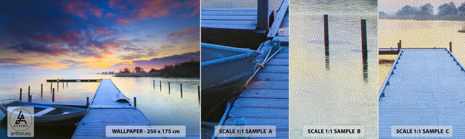 Muestra de fotomural Premium Sand - Calma púrpura y dorada - Paisaje, Lago, Bote - 100x30 cm