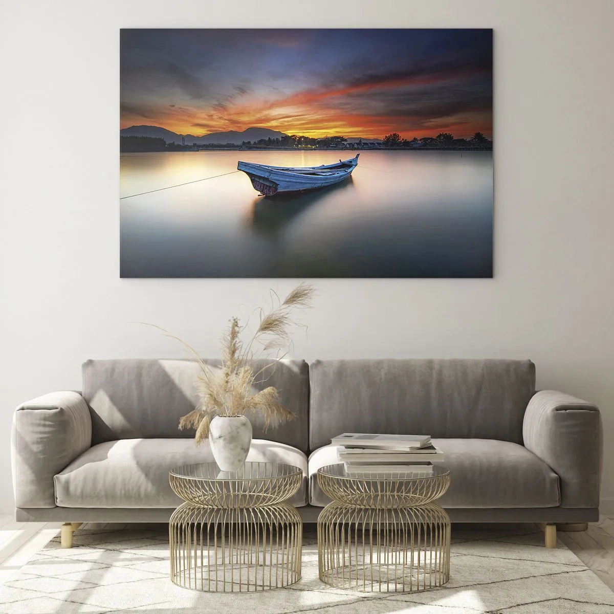 Cuadro sobre vidrio - Impresiones sobre Vidrio - Barco de madera en el lago al atardecer - 100x70cm - Se avecina una buena noche - Decoración de pared moderna para salón y dormitorio ARTTOR