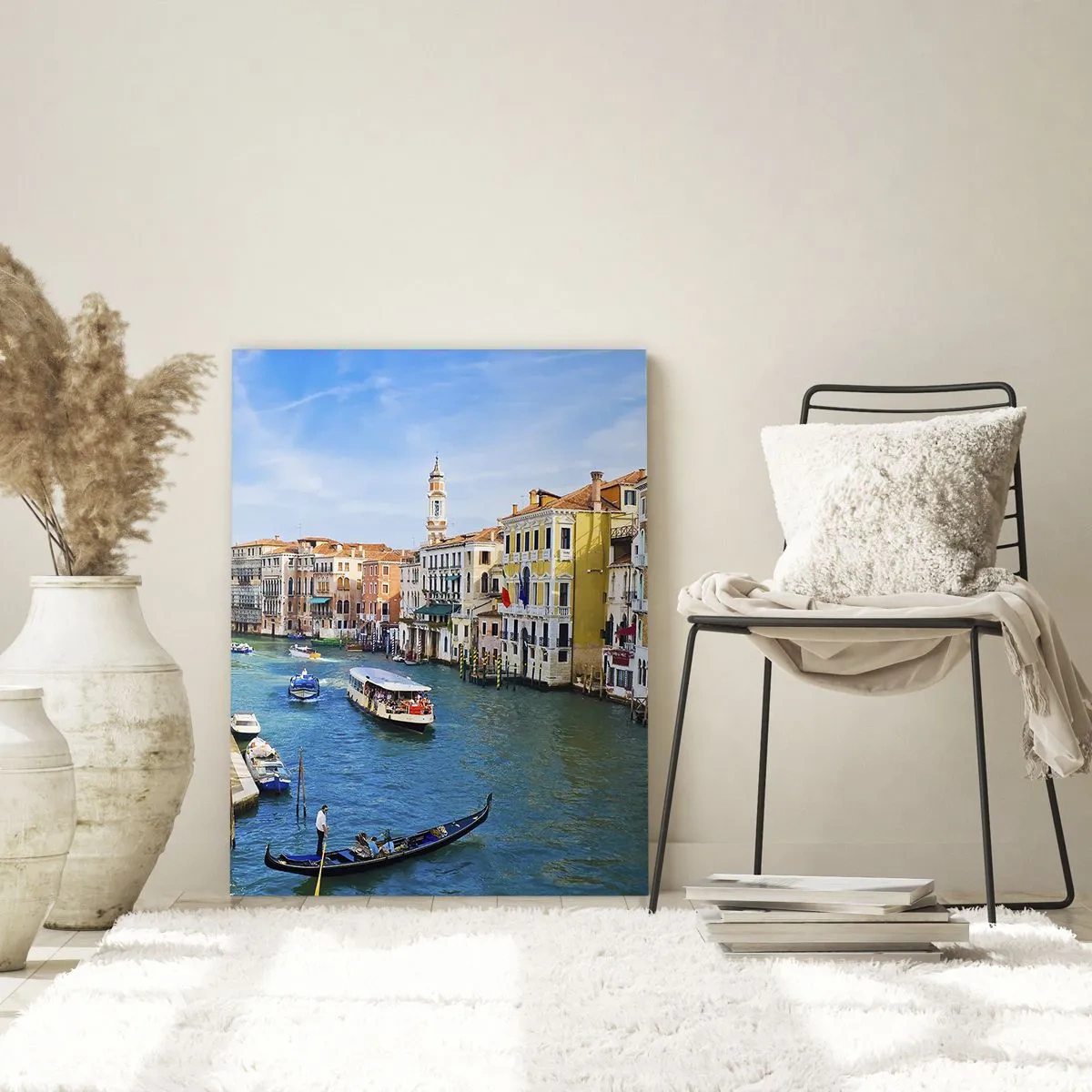 Cuadro sobre vidrio - Impresiones sobre Vidrio - Un canal veneciano con una góndola y edificios coloridos. - 80x120cm - Tráfico único en el mundo - Decoración de pared moderna para salón y dormitorio ARTTOR