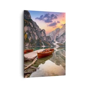 Cuadro sobre lienzo - Impresión de Imagen - Lago de montaña con barcos al atardecer - 70x100cm - Espejo entre montañas - Decoración de pared moderna para salón y dormitorio ARTTOR