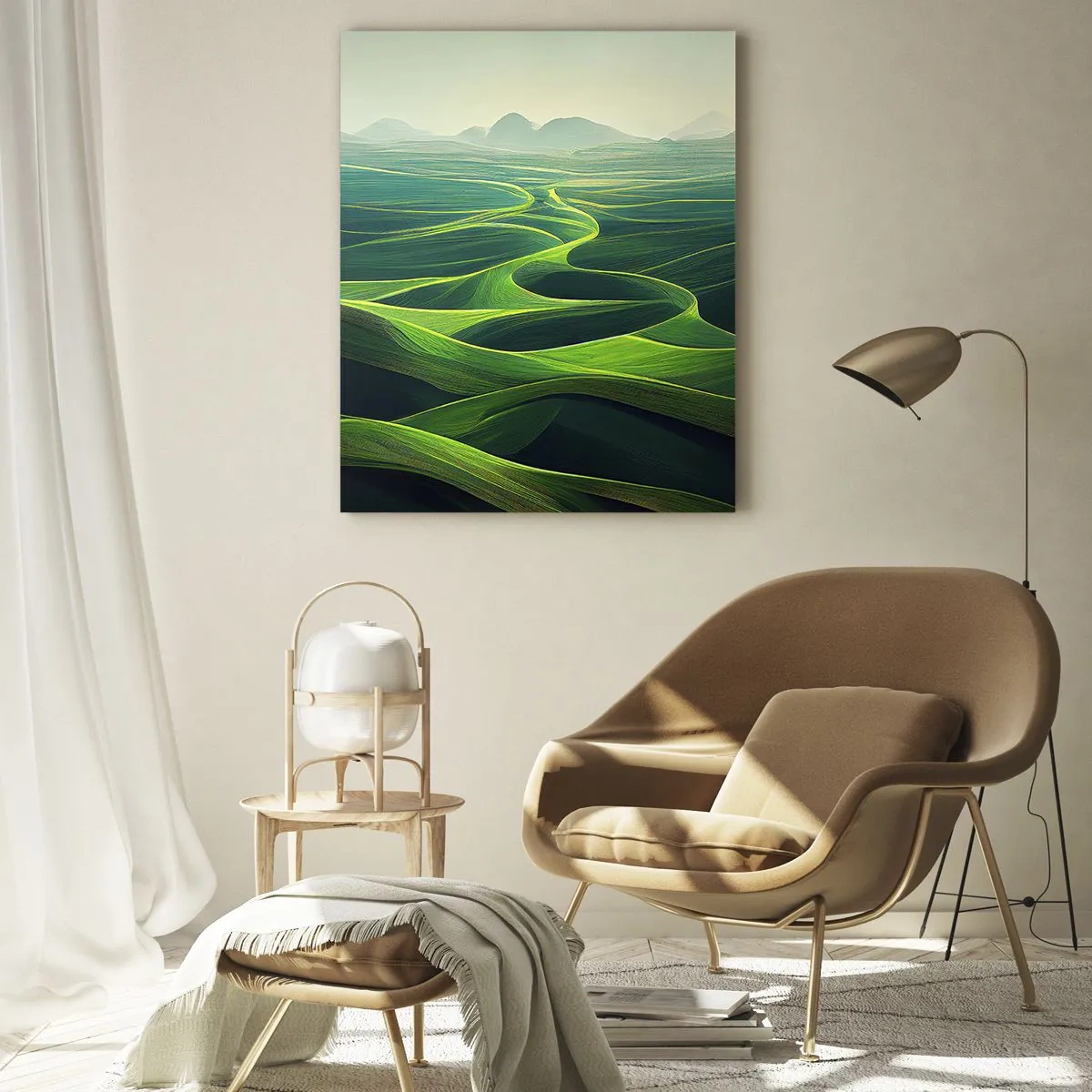 Cuadro sobre vidrio - Impresiones sobre Vidrio - Colinas verdes con senderos ondulados - 70x100cm - Valles en tonos verdes - Decoración de pared moderna para salón y dormitorio ARTTOR