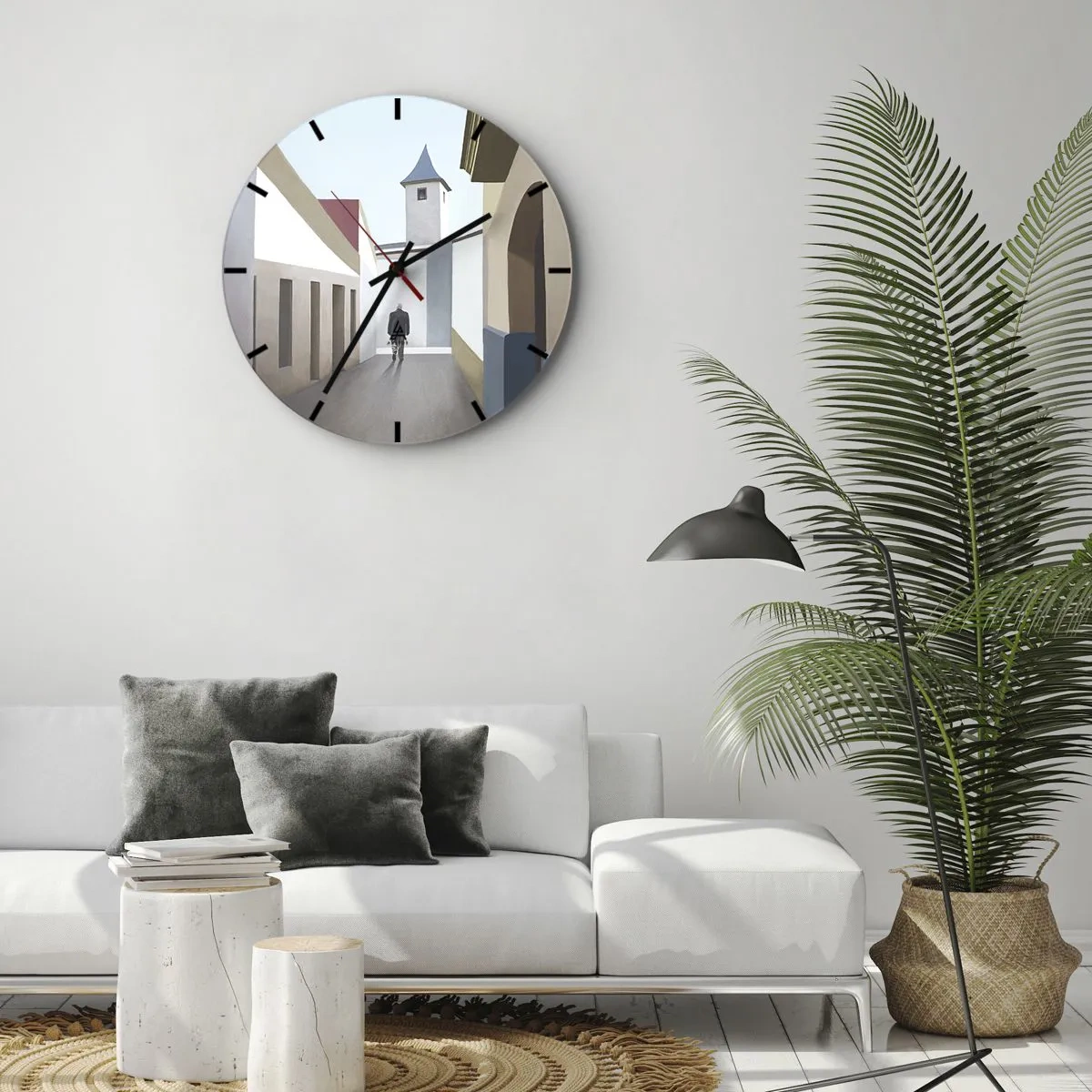 Reloj de pared - Reloj de vidrio - Una figura sobre el fondo de una calle de la ciudad en un entorno geométrico y brillante. - 30x30cm - Paseo soleado - Decoración de pared moderna para salón, cocina y dormitorio ARTTOR