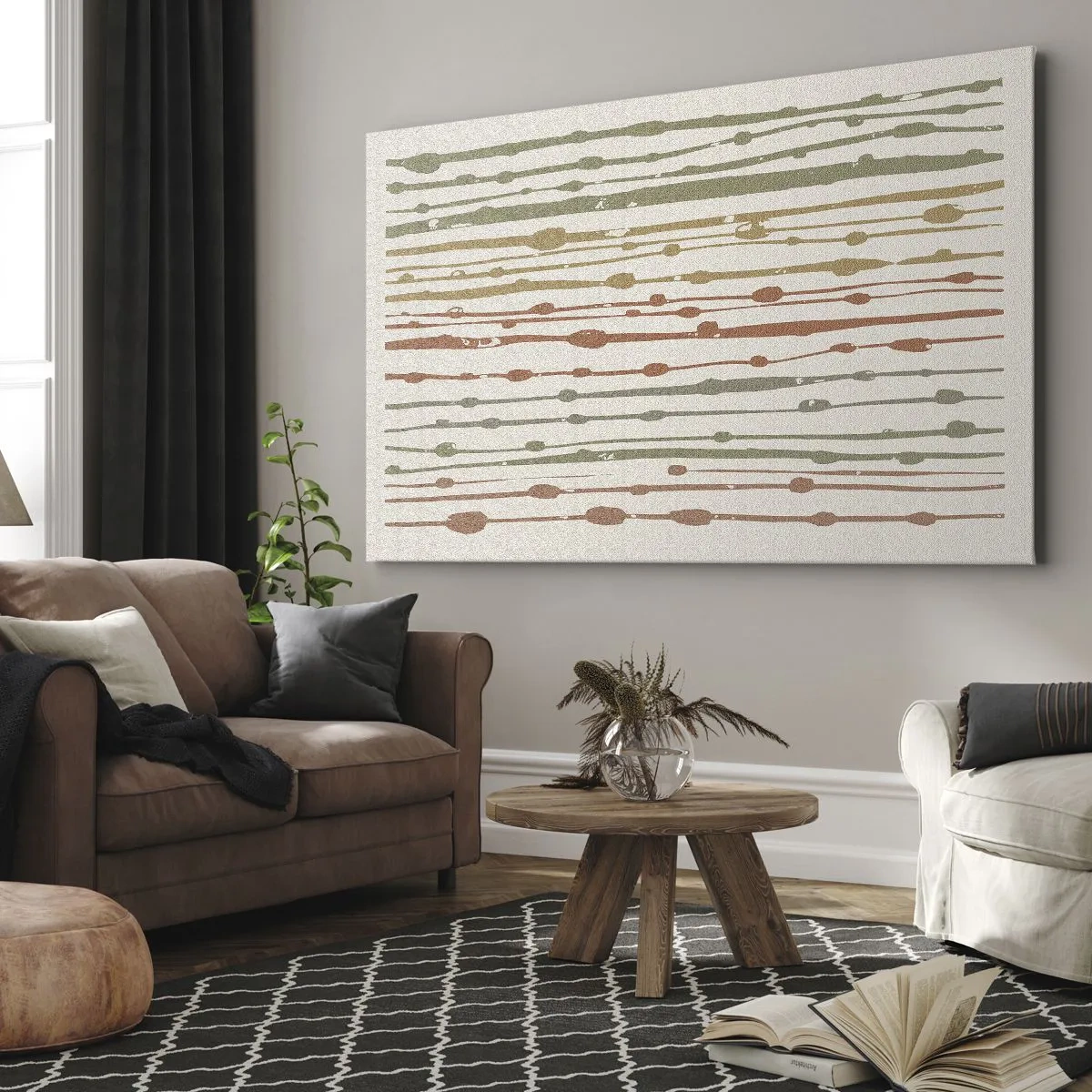 Cuadro sobre lienzo - Impresión de Imagen - Un patrón de líneas en tonos cálidos sobre un fondo claro. - 70x50cm - Composición de notas musicales - Decoración de pared moderna para salón y dormitorio ARTTOR