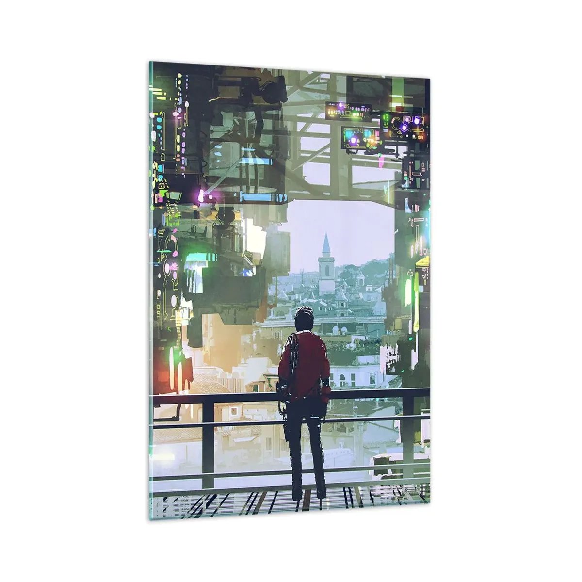 Cuadro sobre vidrio - Impresiones sobre Vidrio - Una figura en una ciudad futurista con luces de neón. - 80x120cm - Dos mundos - Decoración de pared moderna para salón y dormitorio ARTTOR