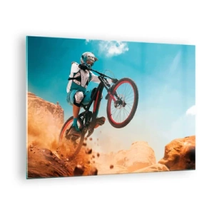 Cuadro sobre vidrio - Impresiones sobre Vidrio - Escena dinámica de un ciclista en acción en terreno rocoso. - 70x50cm - Locura sobre dos ruedas - Decoración de pared moderna para salón y dormitorio ARTTOR