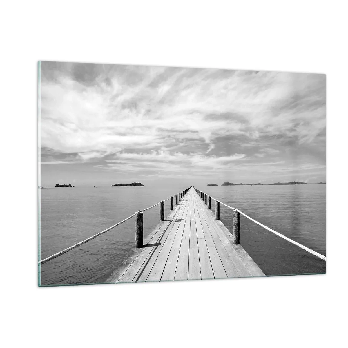 Cuadro sobre vidrio - Impresiones sobre Vidrio - Un muelle de madera que se pierde en la distancia a través de un mar en calma. - 120x80cm - Hora de viajar - Decoración de pared moderna para salón y dormitorio ARTTOR