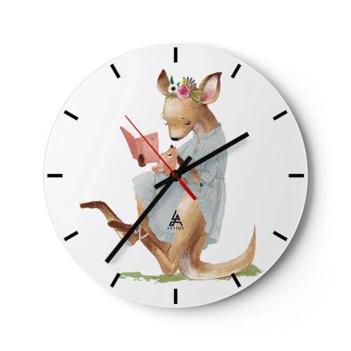Reloj de pared - Reloj de vidrio - Una madre canguro leyendo un libro con su bebé en su regazo. - 30x30cm - Léeme un cuento, mamá - Decoración de pared moderna para salón, cocina y dormitorio ARTTOR