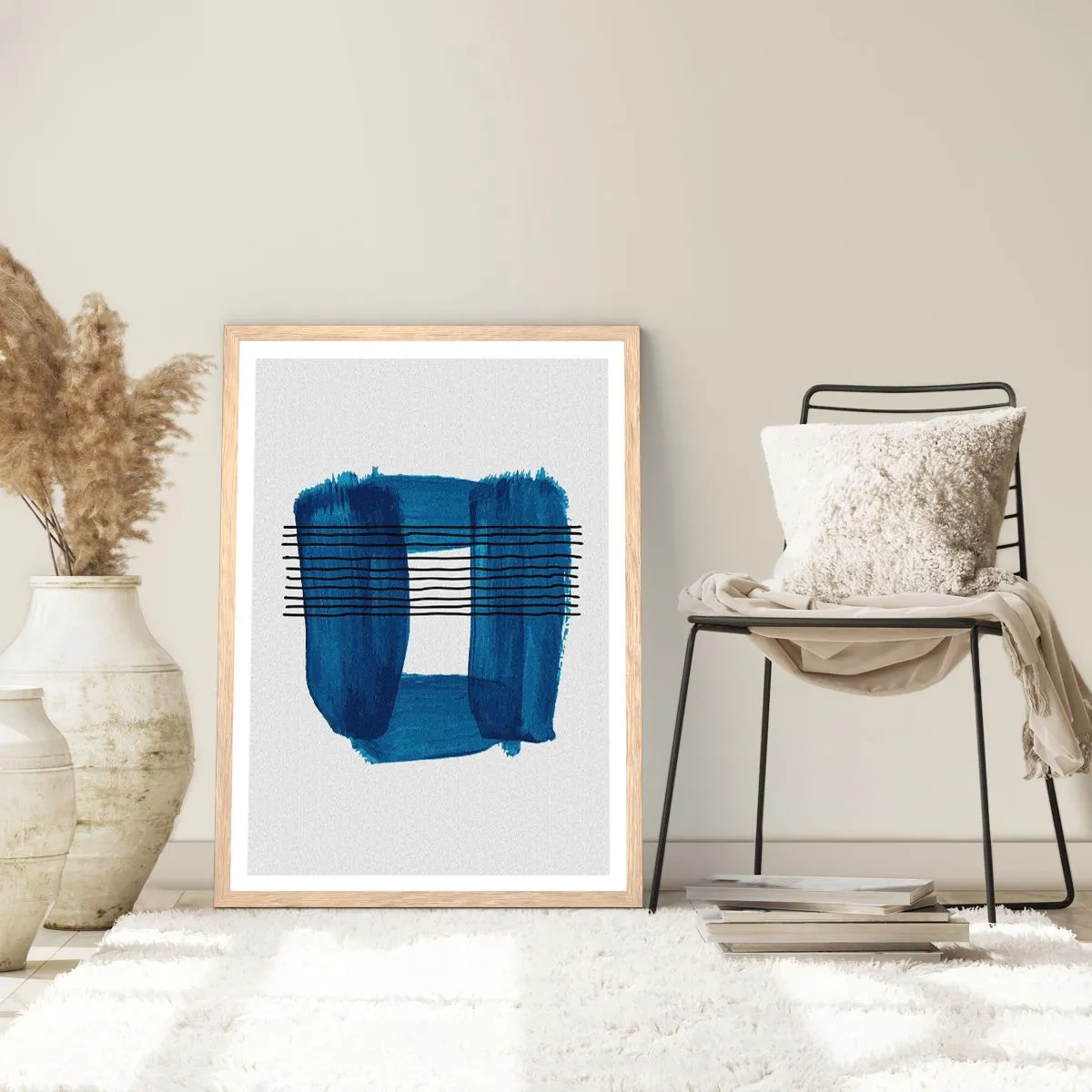 Póster en marco roble claro - Composición azul y negra - 70x100 cm