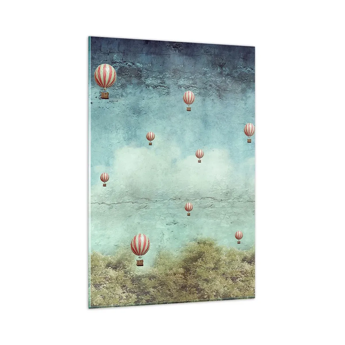 Cuadro sobre vidrio - Impresiones sobre Vidrio - Globos retro contra un cielo azul y un fondo verde. - 80x120cm - Libre del ajetreo de la vida - Decoración de pared moderna para salón y dormitorio ARTTOR