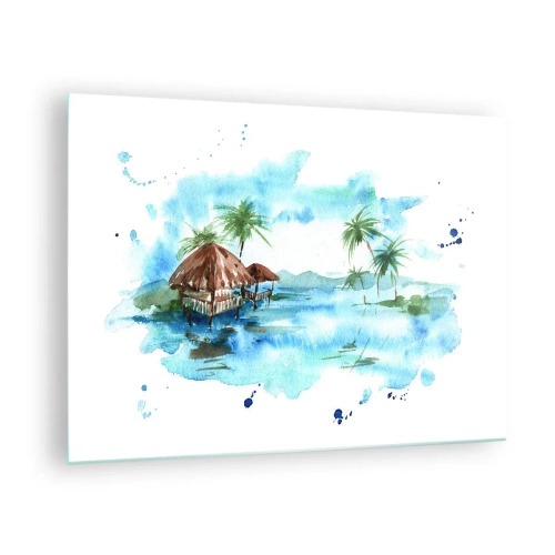 Cuadro sobre vidrio - Impresiones sobre Vidrio - Paisaje tropical con palmeras y una cabaña en estilo acuarela. - 70x50cm - En algún lugar del Pacífico - Decoración de pared moderna para salón y dormitorio ARTTOR