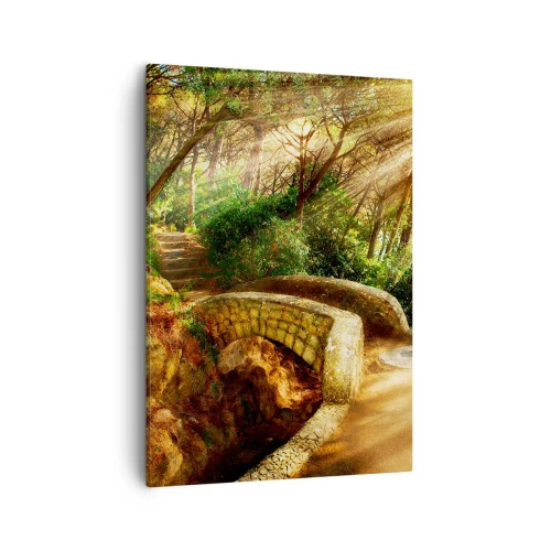 Cuadro sobre lienzo - Impresión de Imagen - Paisaje forestal con rayos de sol y un puente de piedra. - 50x70cm - Directamente desde el puente hacia el bosque de las hadas - Decoración de pared moderna para salón y dormitorio ARTTOR