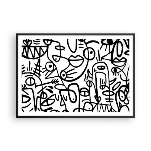 Póster en marco negro - Dibujos abstractos en blanco y negro con motivos faciales. - 100x70cm - Rostros y espejismos - Decoración de pared moderna para salón y dormitorio ARTTOR