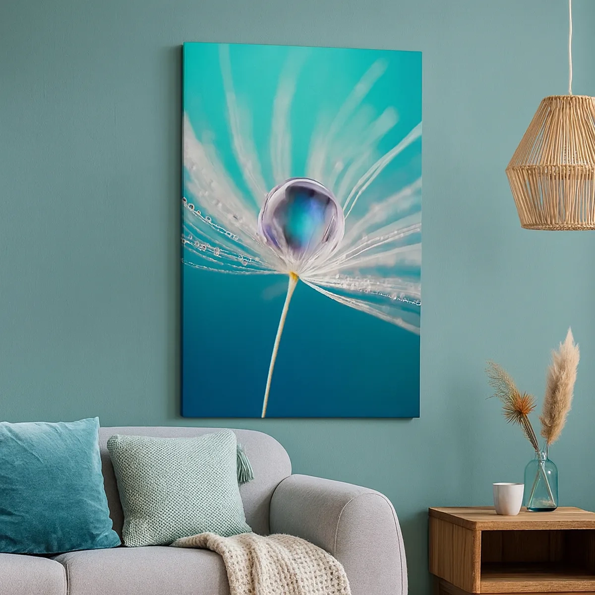 Cuadro sobre lienzo - Impresión de Imagen - Macro de una gota de agua sobre una delicada semilla de diente de león. - 50x70cm - Momento místico - Decoración de pared moderna para salón y dormitorio ARTTOR